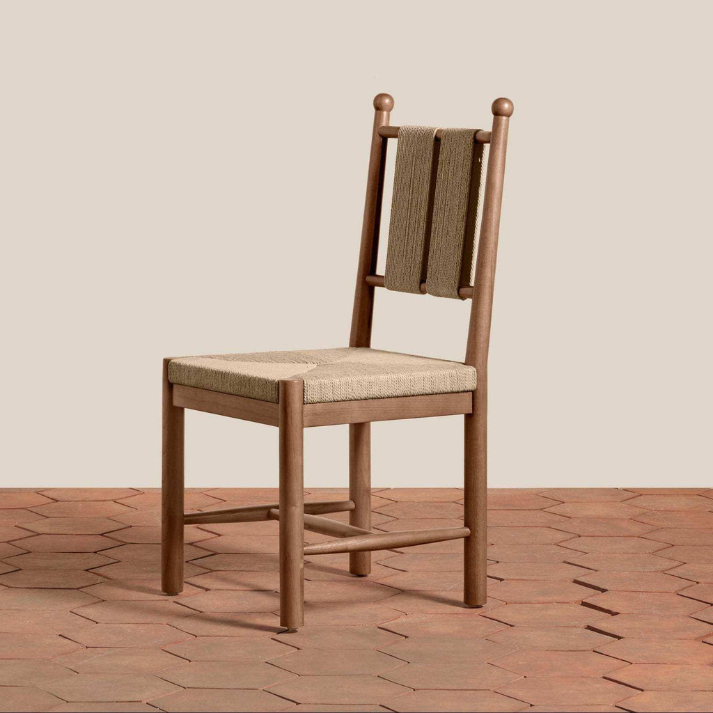 Estela Dining Chair in warm brown wood with woven natural seat and vertical slat back