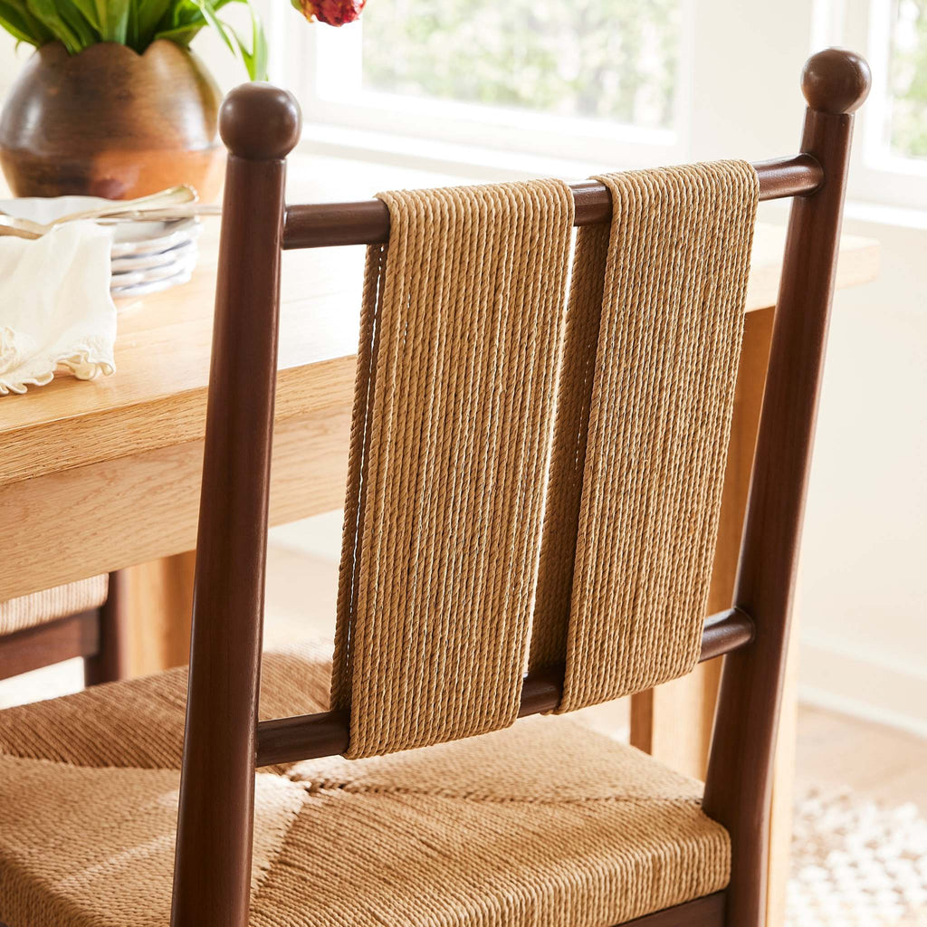 Estela Dining Chair with dark brown solid wood frame and natural woven cord back and rush-pattern seat