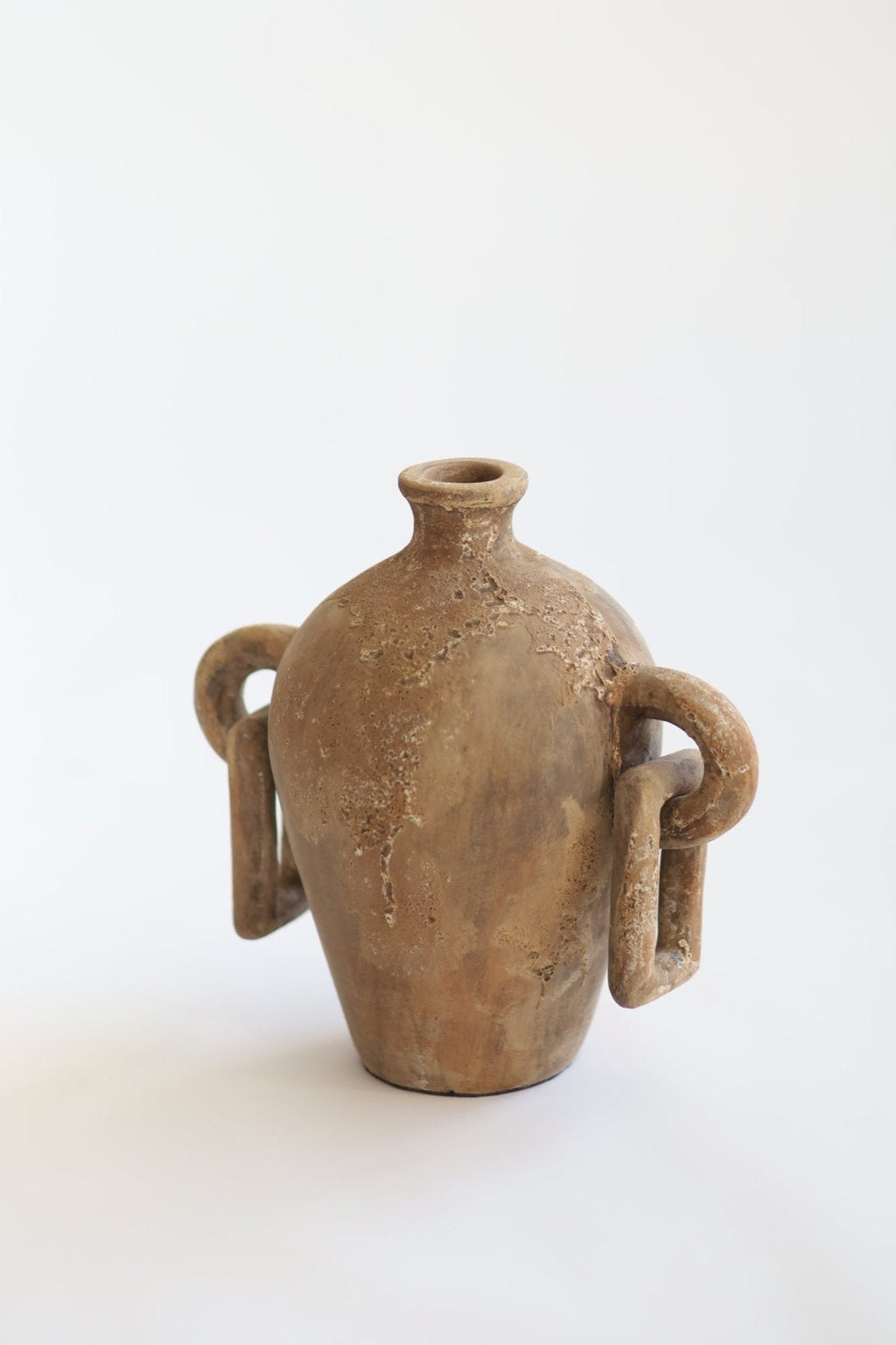 Handcrafted Indah Vessel in natural terracotta with vintage finish and intricate detailing from Indonesia