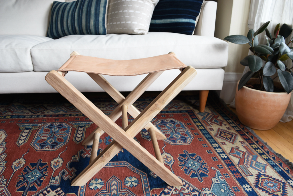 small teak wood and leather folding stool - saffron + poe