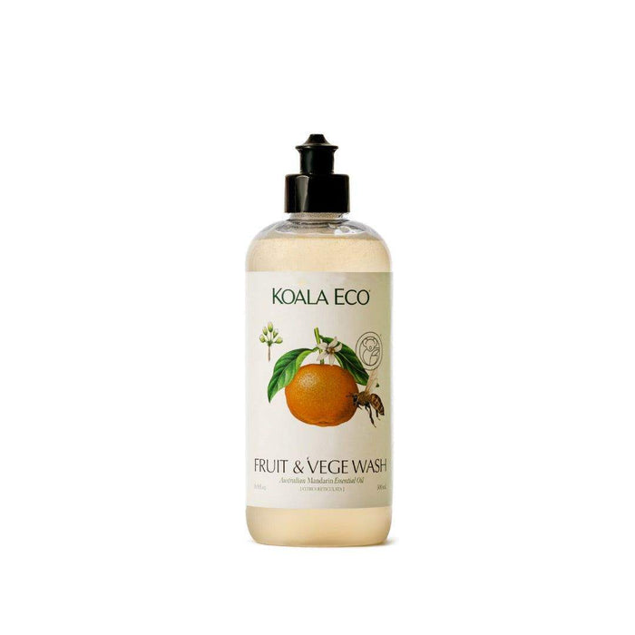 Fruit + Vegetable Wash in a clear bottle with a black pump, cream label and mandarin orange botanical artwork