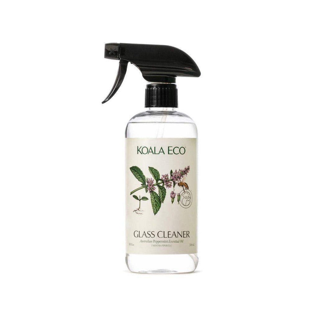 Glass Cleaner in a clear bottle with black trigger spray, botanical peppermint label, and transparent liquid