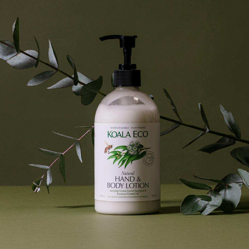 Hand & Body Lotion in a cream-colored pump bottle with botanical artwork and a natural eucalyptus and rosemary label