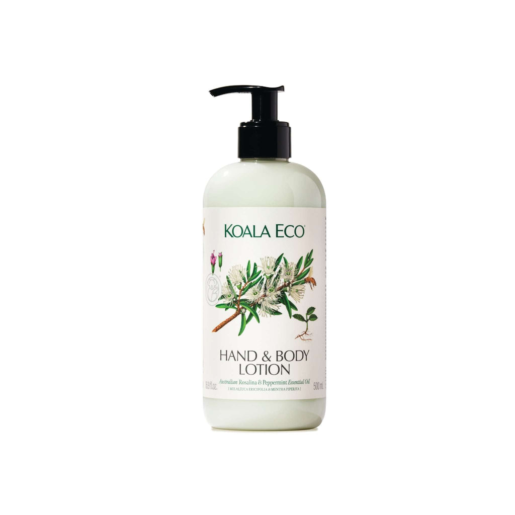 Hand + Body Lotion in a pale green bottle with black pump, botanical plant illustration and cream label