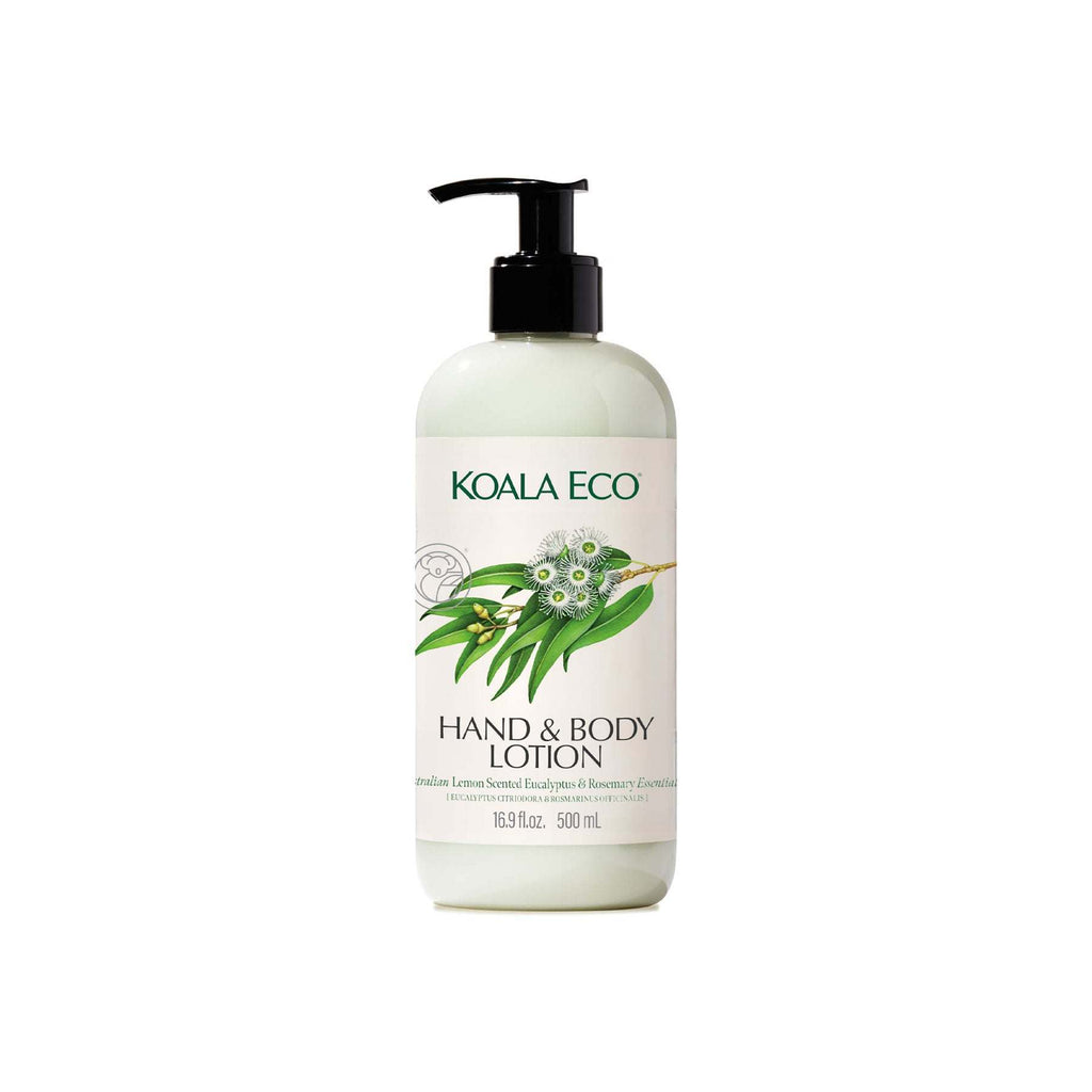 Hand & Body Lotion in a pale green bottle with a black pump and botanical eucalyptus and rosemary label
