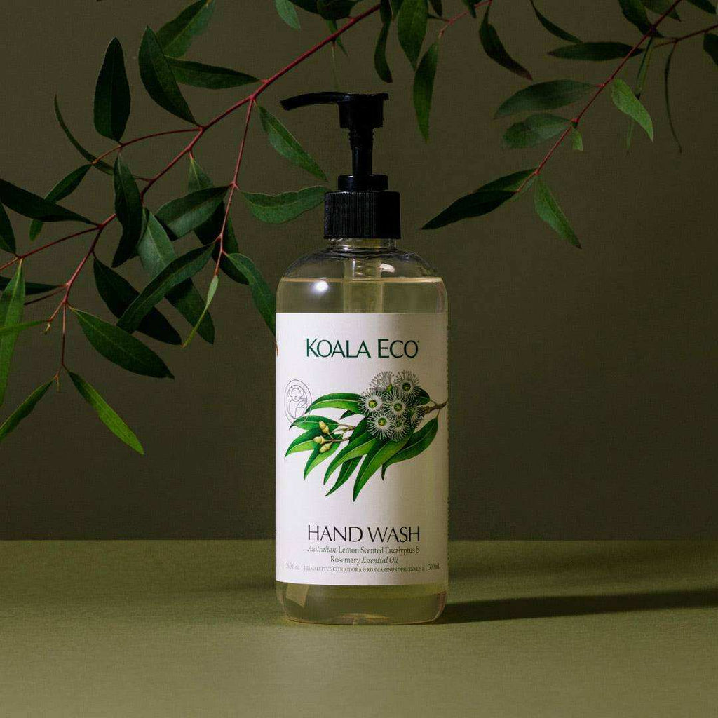 Hand Wash - Lemon-Scented Eucalyptus in a clear bottle with pale yellow liquid, black pump and botanical label