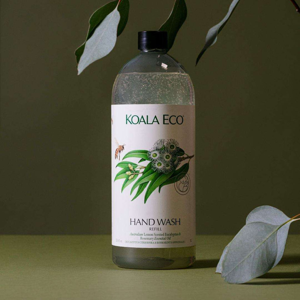 Hand Wash - Lemon-Scented Eucalyptus in a clear refill bottle with a black cap and botanical label