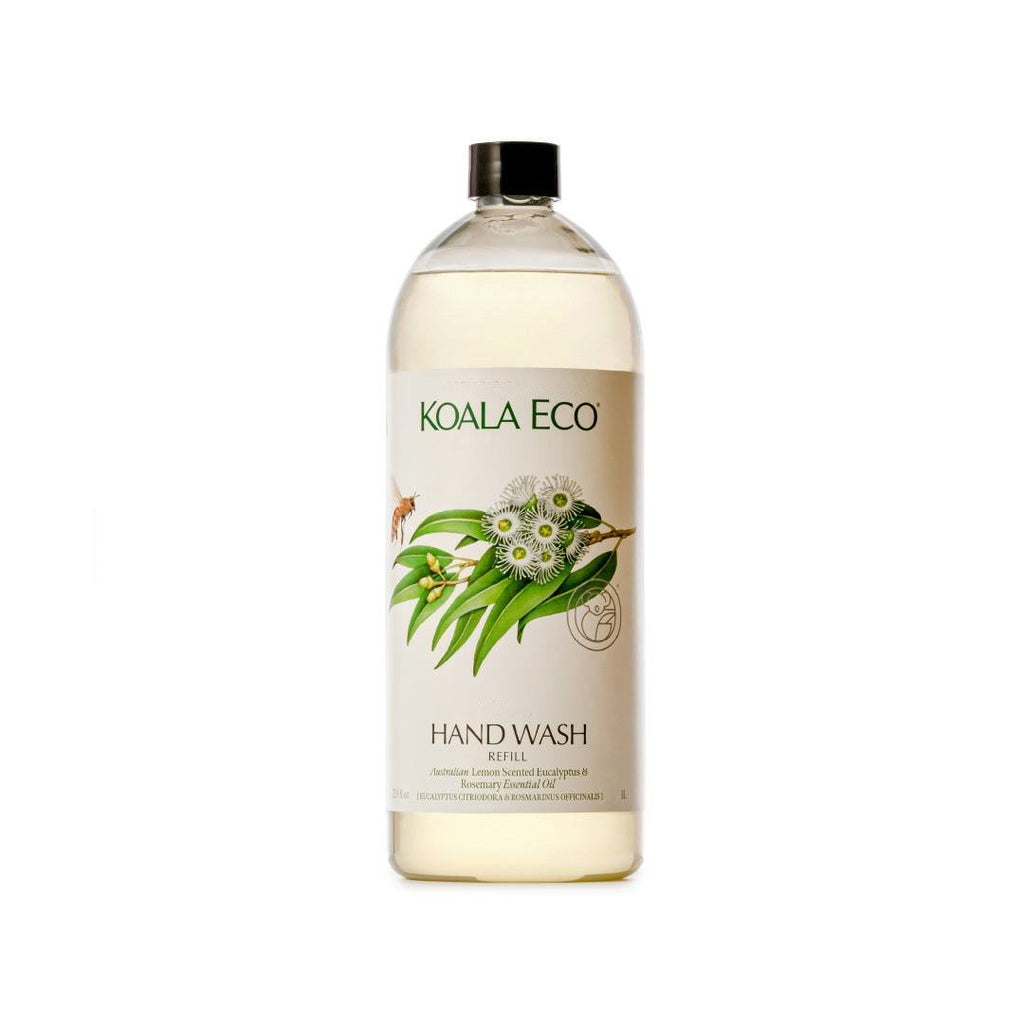 Hand Wash - Lemon-Scented Eucalyptus in a clear refill bottle with cream liquid, black cap and botanical leaf label