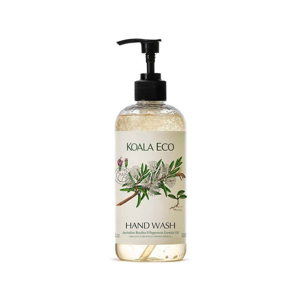 Hand Wash - Rosalina + Peppermint in a clear bottle with pale golden liquid, black pump, and botanical label