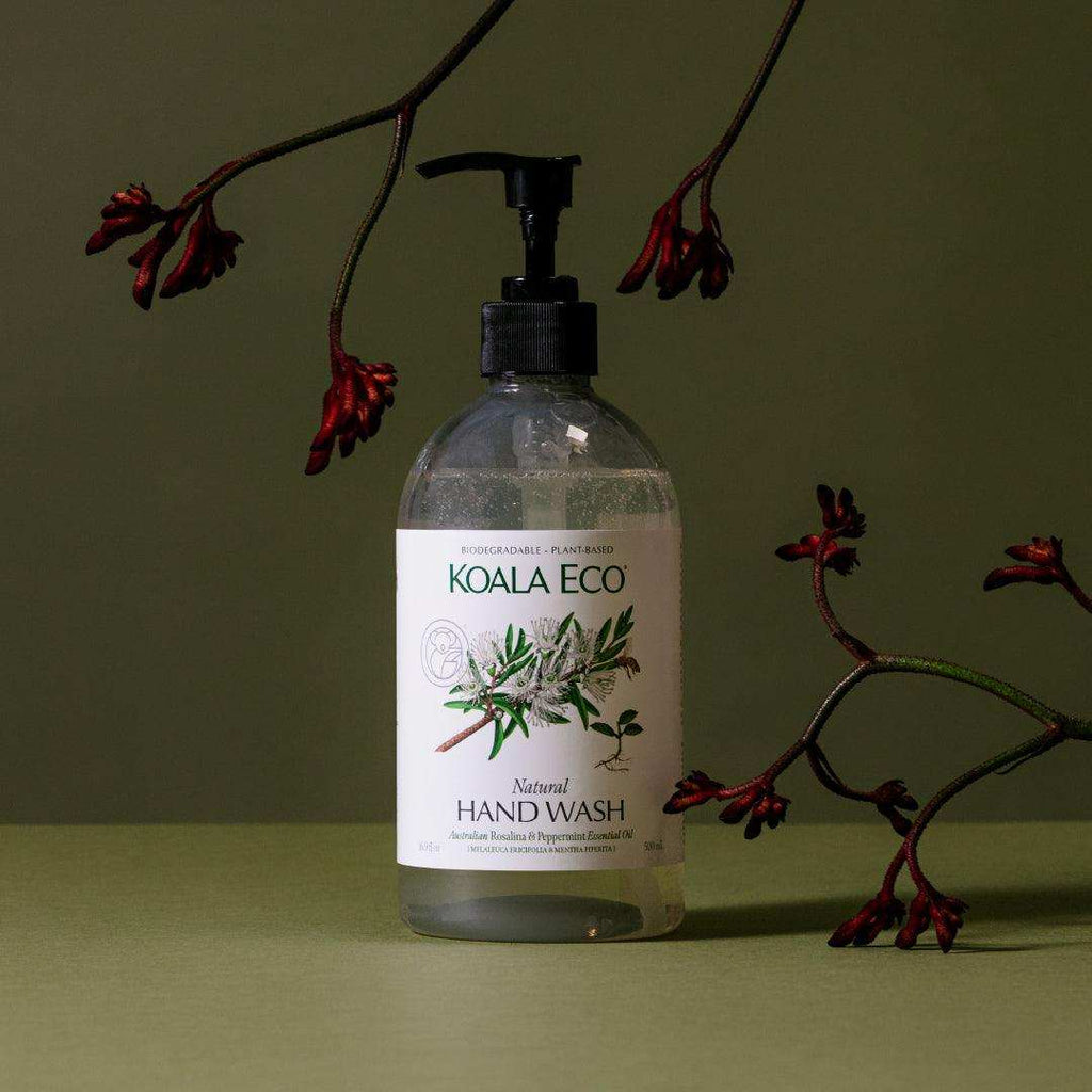 Hand Wash - Rosalina + Peppermint in a clear pump bottle with a white botanical label and black dispenser