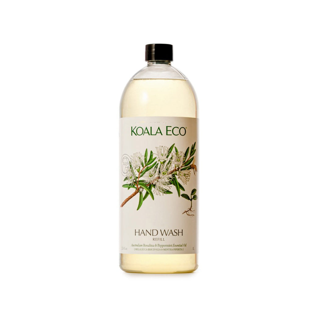 Hand Wash - Rosalina + Peppermint in a clear refill bottle with pale yellow liquid, botanical label and black cap
