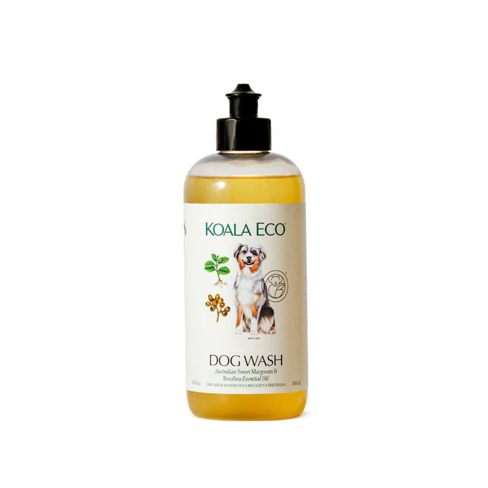 Dog wash bottle with clear amber liquid, a white label, yellow bands and a dog illustration, Koala Eco's Natural Dog Wash