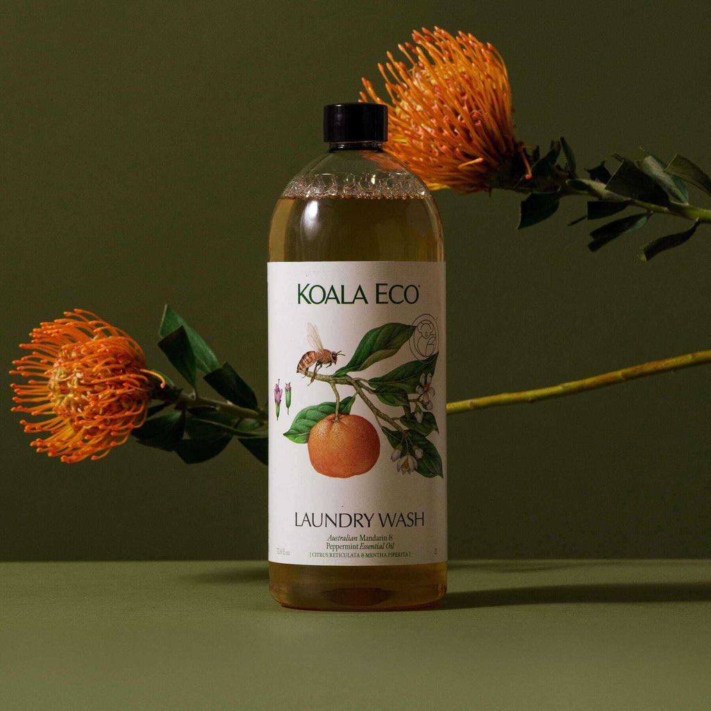 Koala Eco's Mandarin laundry wash in a clear bottle with a black cap and botanical mandarin label