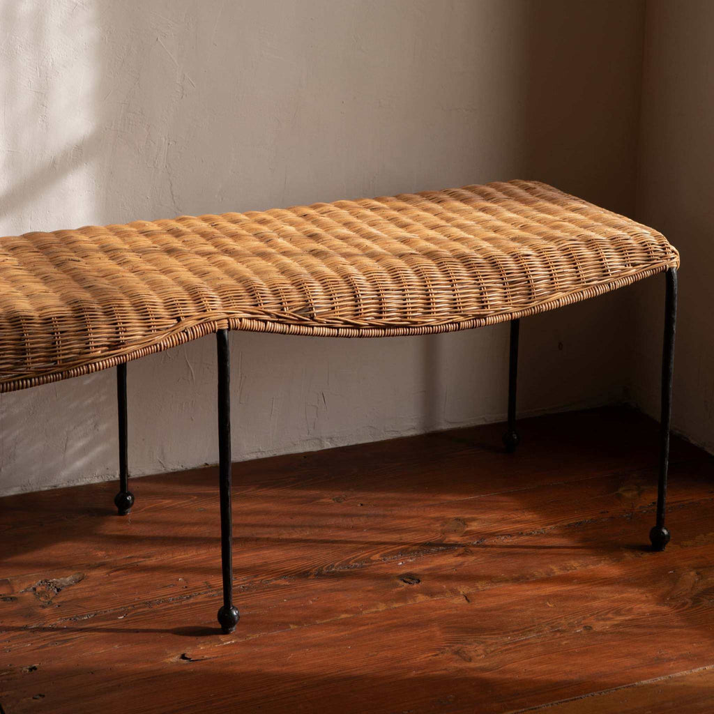 Handcrafted Lacoste indoor outdoor bench with rattan and wrought iron
