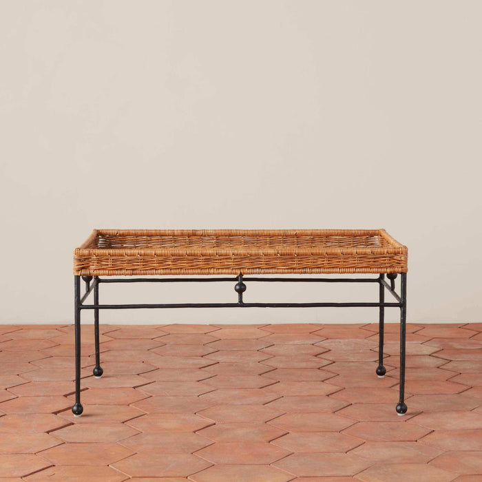 Lacoste indoor outdoor wicker coffee table with tray top and rounded feet