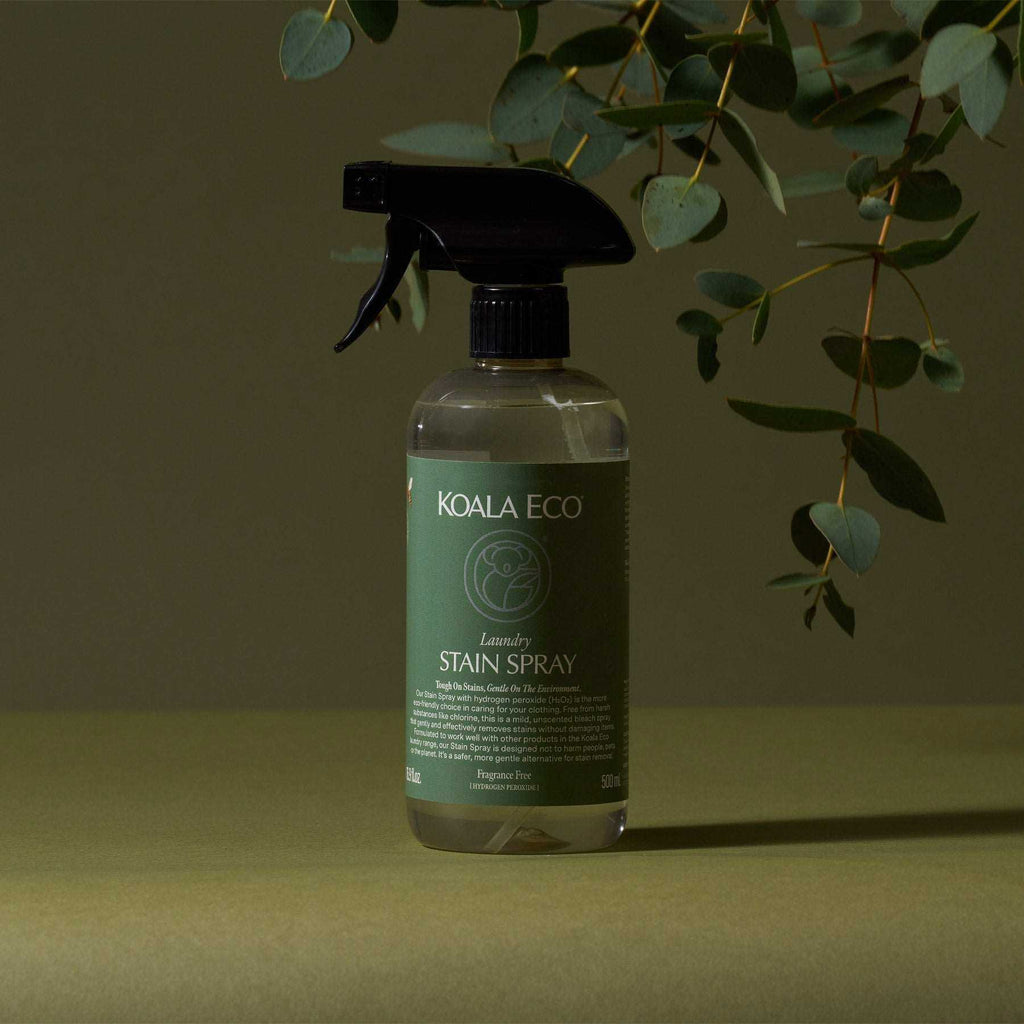 Laundry Stain Spray in a clear bottle with a black trigger sprayer, green label and white Koala Eco lettering