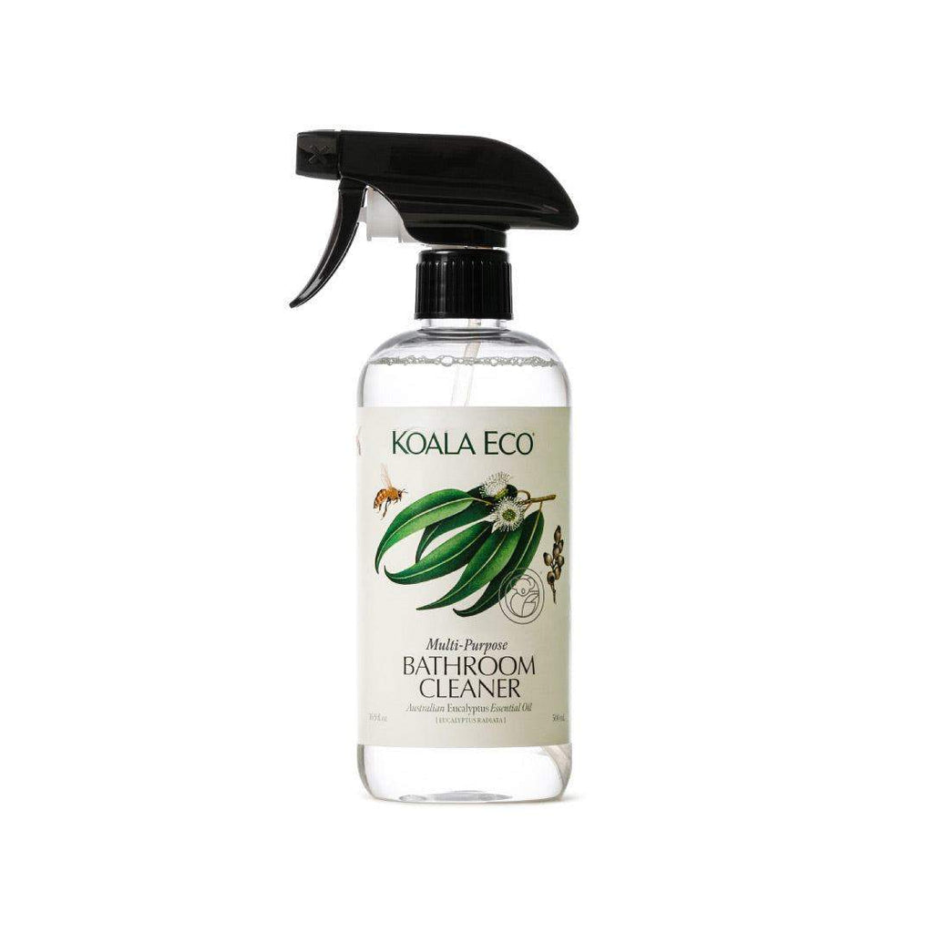 Multi-Purpose Bathroom Cleaner in a clear bottle with a black trigger sprayer and green eucalyptus leaf label