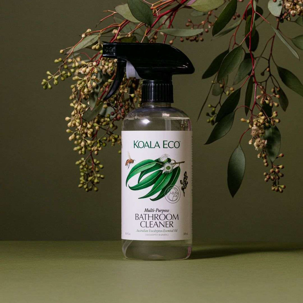 Multi-Purpose Bathroom Cleaner in a clear spray bottle with a black trigger, cream label and green eucalyptus illustration