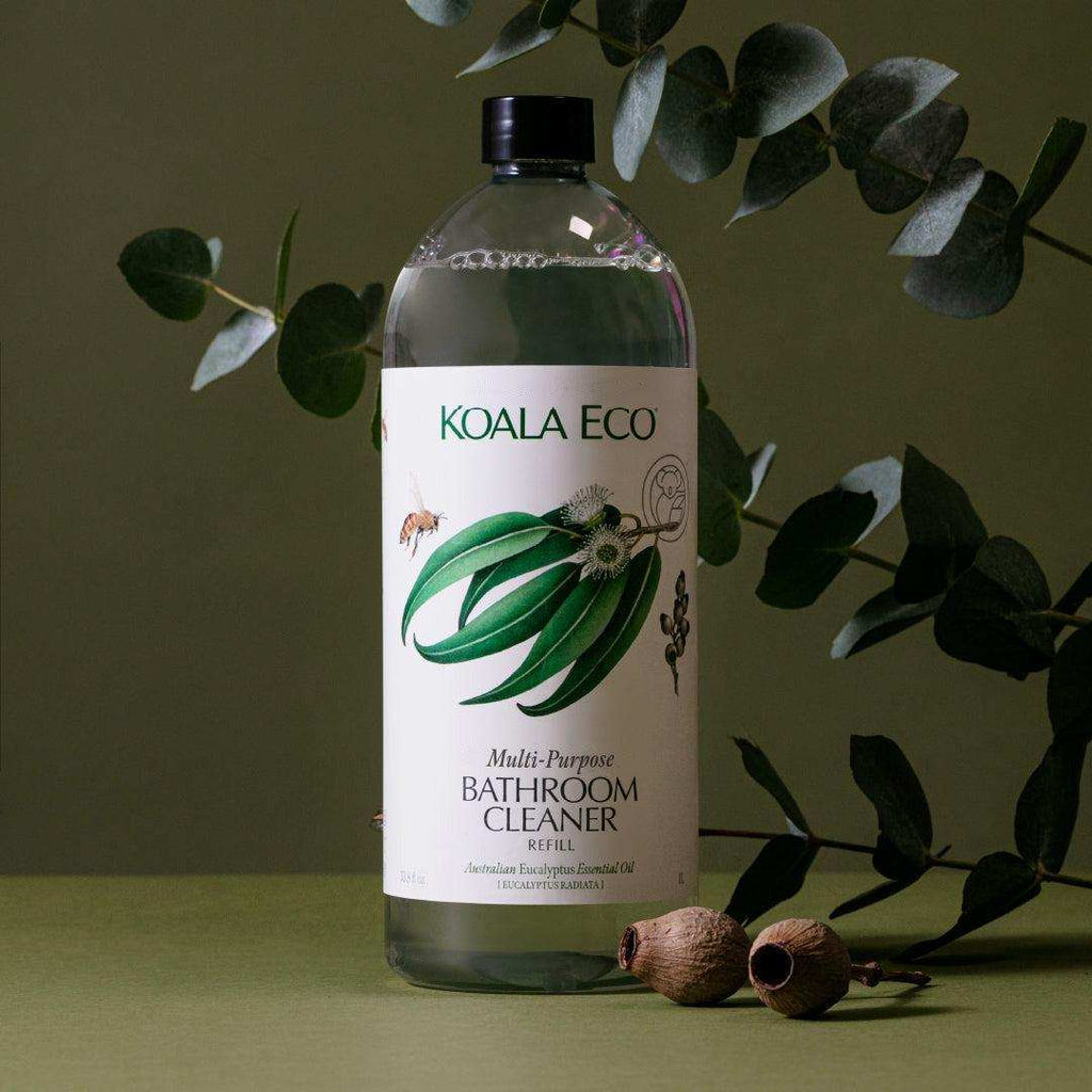 Multi-Purpose Bathroom Cleaner refill in a clear bottle with a white eucalyptus-leaf label and black cap