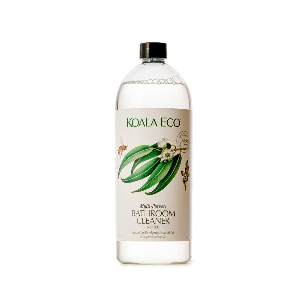 Multi-Purpose Bathroom Cleaner in a clear refill bottle with a black cap and cream label featuring green eucalyptus leaves