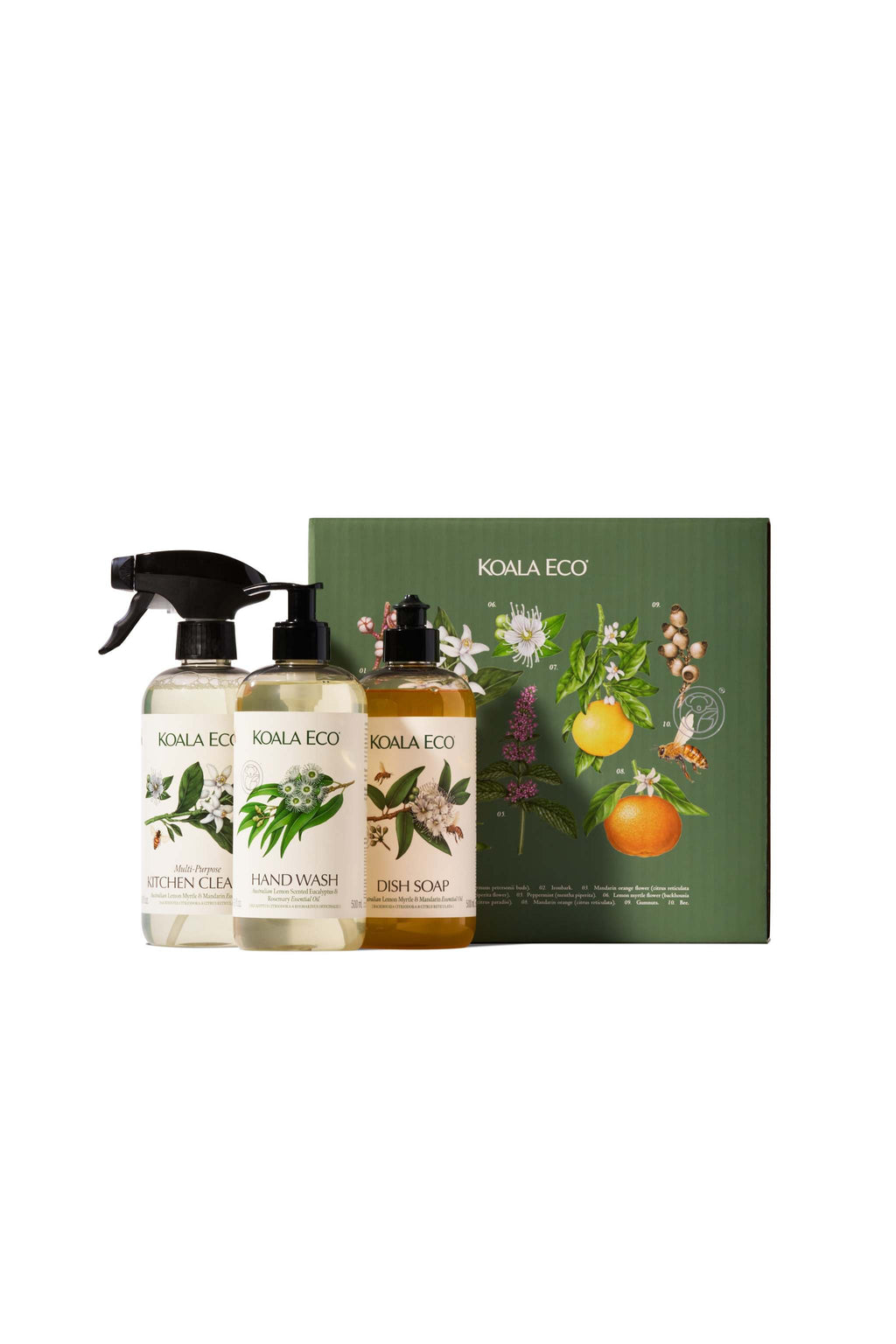 Nature Studies botanical cleaning set with three cream bottles and a green illustrated box, featuring floral and citrus designs