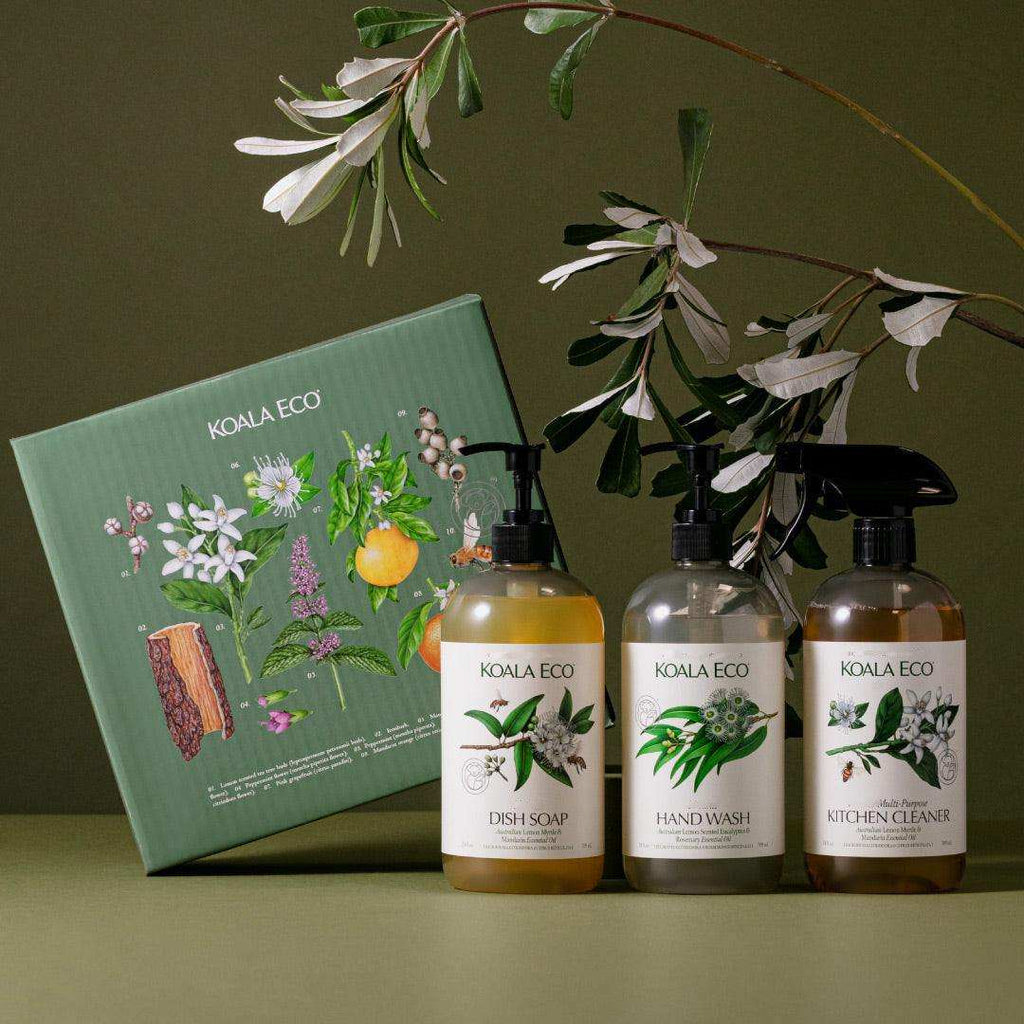 Nature Studies cleaning set with three botanical-labeled amber bottles of dish soap, hand wash and kitchen cleaner beside an illustrated green box