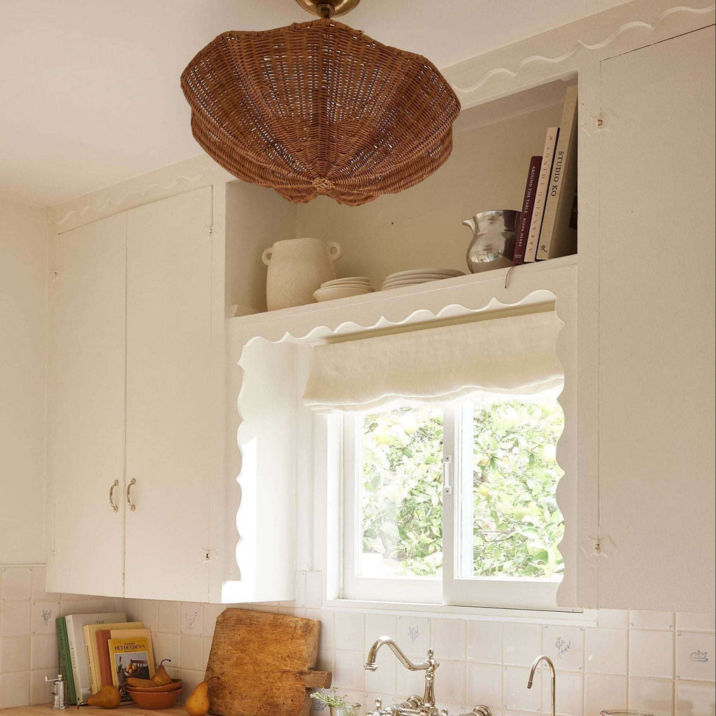 Ravello Flush Mount woven brown rattan light with an organic, scalloped basket shade and artisanal texture