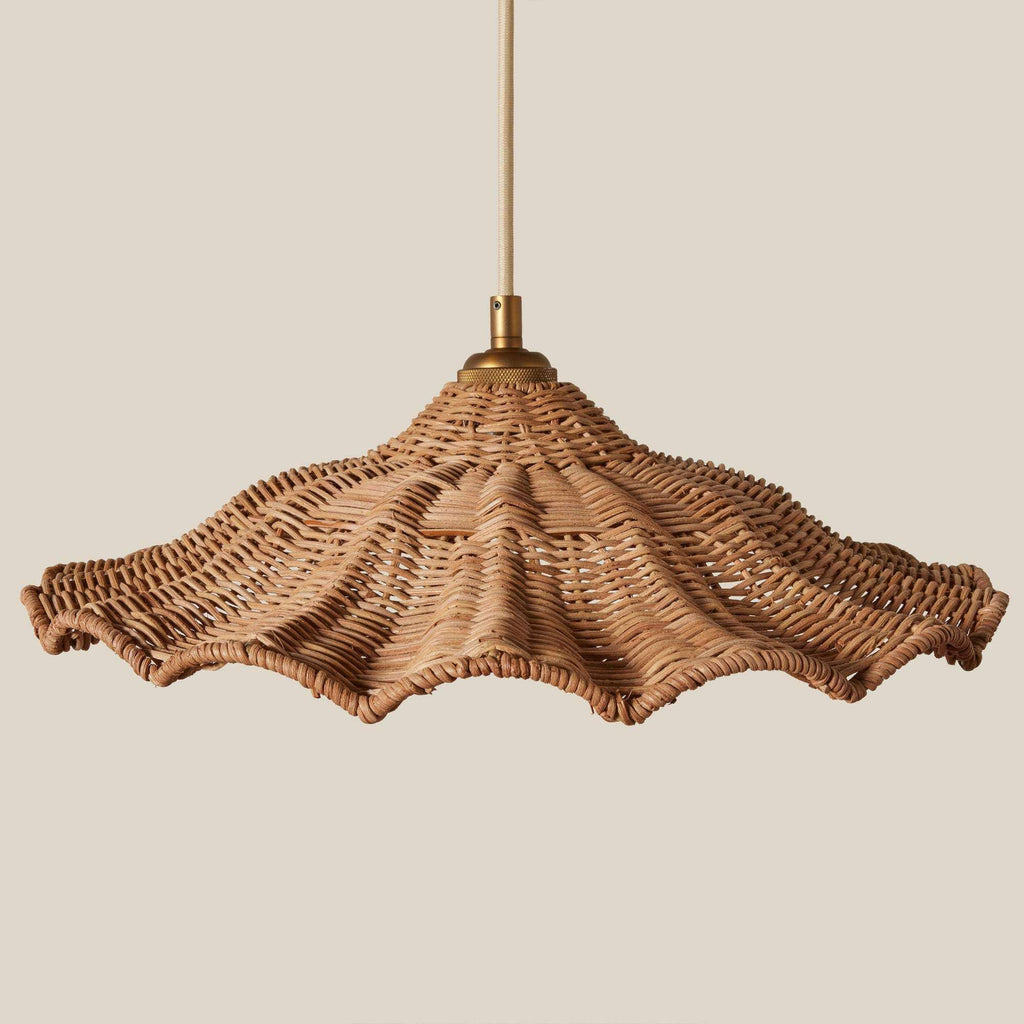 Savannah Pendant wicker light fixture in natural tan, handwoven with a distinctive scalloped shade and brass hardware