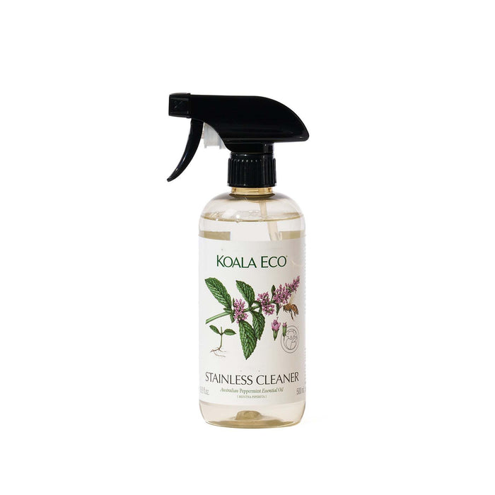 Stainless Cleaner in a clear spray bottle with a black trigger, cream botanical label, and peppermint plant illustration