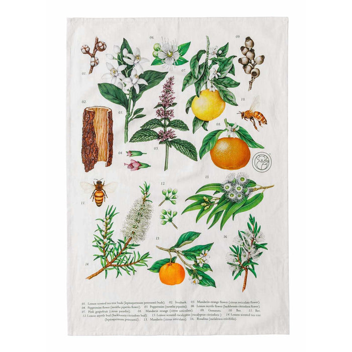 Terra Botanica Tea Towel in cream linen-cotton with a detailed botanical print of citrus, leaves, flowers and bees