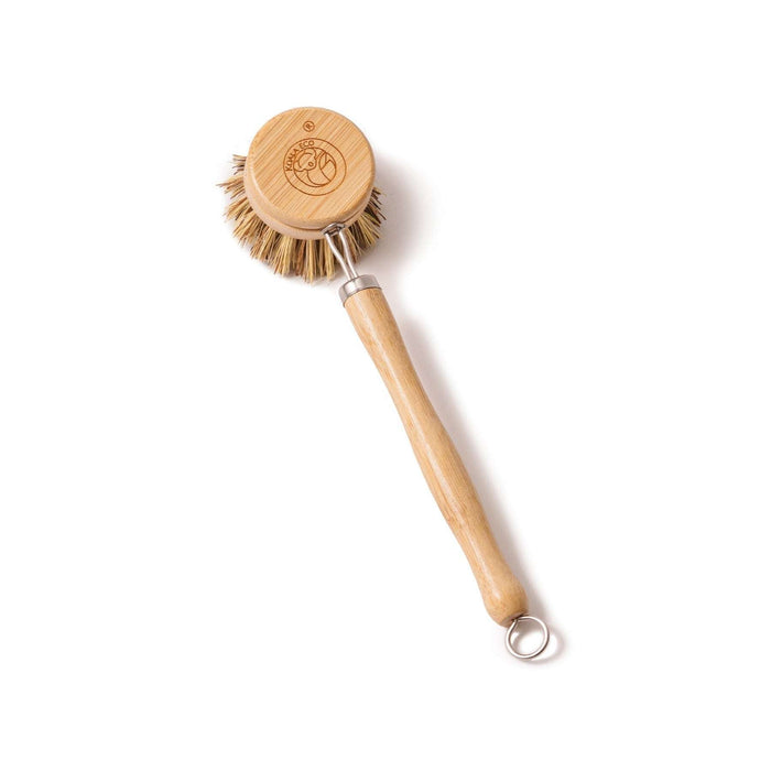 Traditional Dish Brush with a natural bamboo handle, tan plant-fibre bristles, and a metal spring attachment and hanging loop