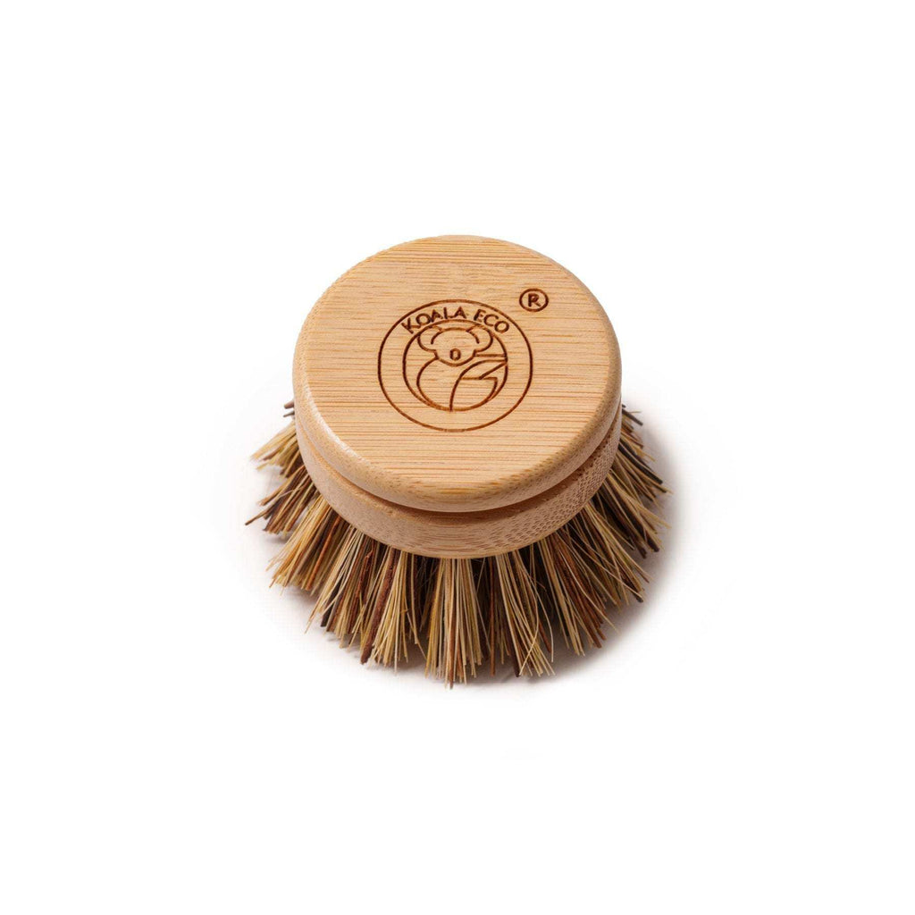 Traditional Dish Brush with a round natural bamboo top and dense brown agave bristles in a replaceable head design