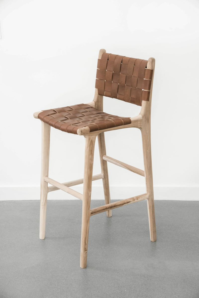 Leather Woven Bar Stool - Saddle - Saffron + Poe