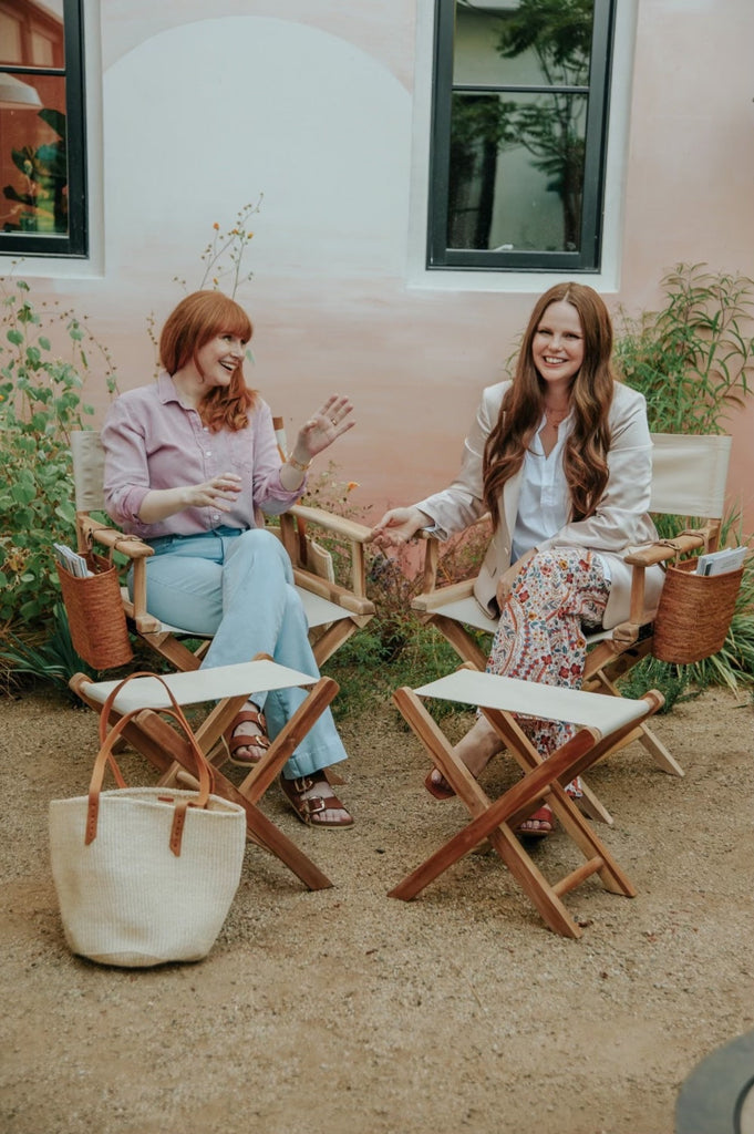 Canvas Director's Chair in Oatmeal with Canvas Folding Stool, Tenganan Side Basket and Woven Sisal and Leather Tote in a garden setting with Bryce Dallas Howard and Claire Thomas. - Saffron and Poe 