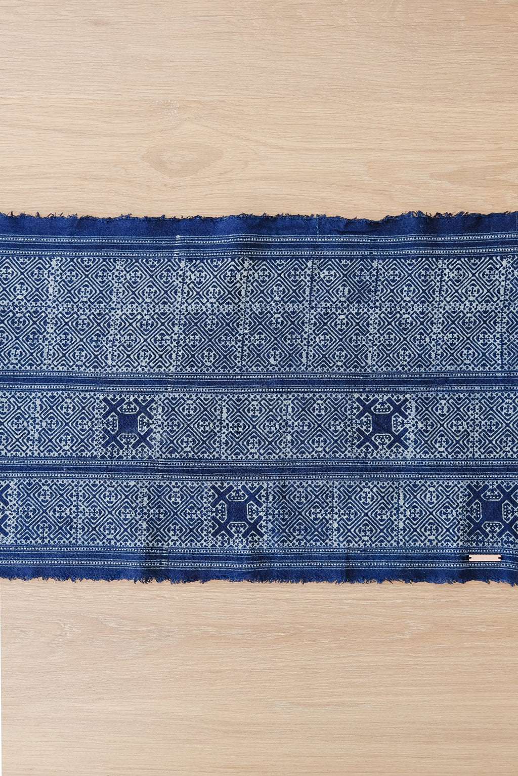 Indigo and cream Hmong Batik table runner with intricate Thai Batik patterns on hemp cloth