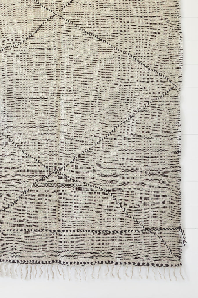 Close up view of No. 16 - Moroccan Flat Weave Kilim Rug against a white background. - Saffron and Poe