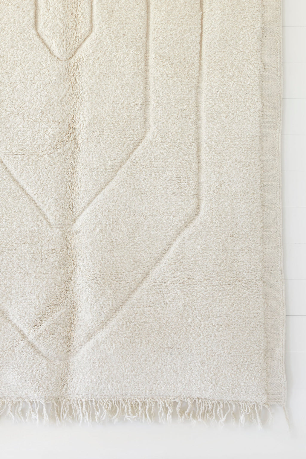 No. 19 - Beni Ourain Rug 6'-6" x 10'-3" with neutral geometric patterns and high-pile texture