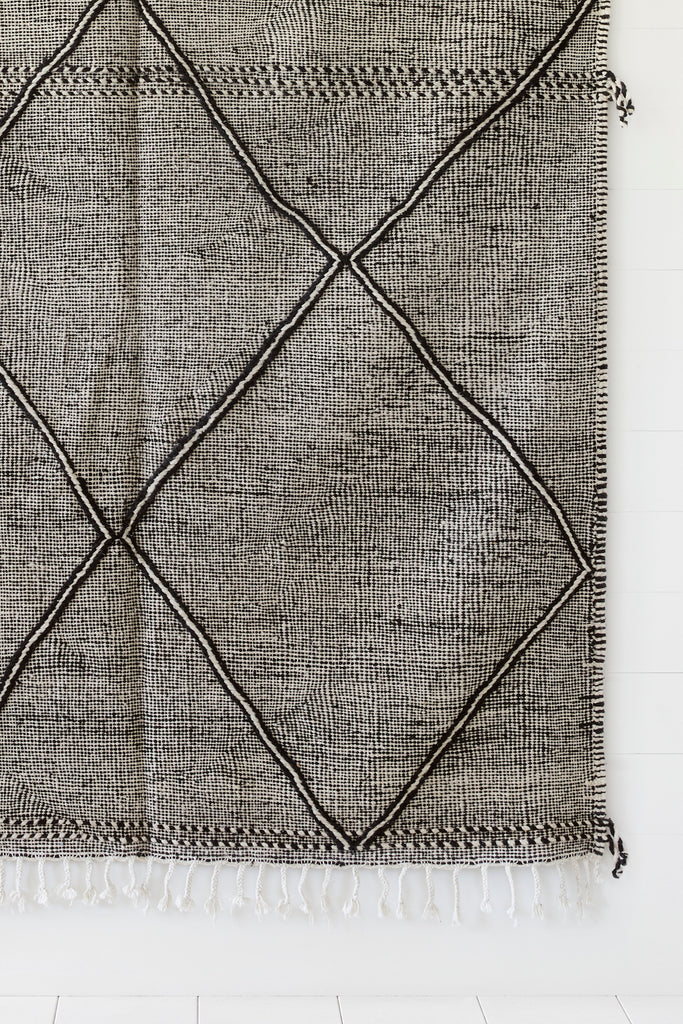 Close up view of No. 24 - Moroccan Flat Weave Kilim Rug against a white background. - Saffron and Poe