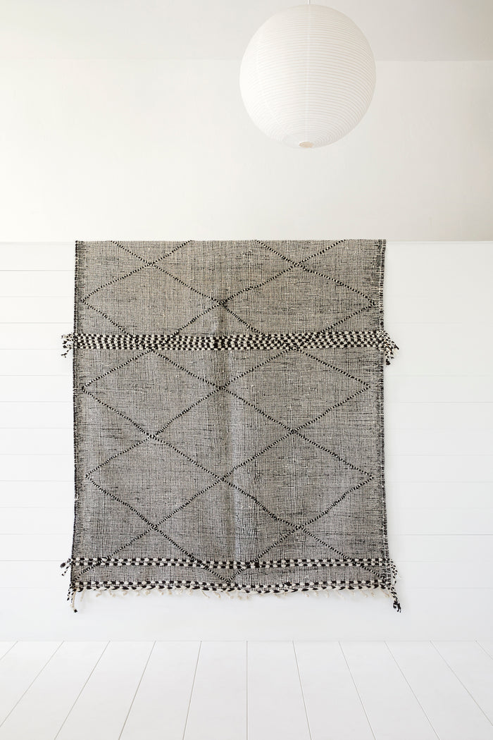 Front view of No. 27 - Moroccan Flat Weave Kilim Rug against a white background. - Saffron and Poe