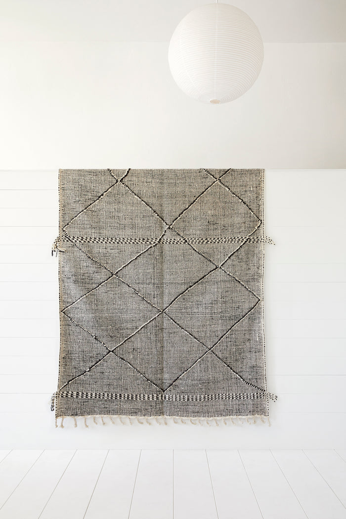 Front view of No. 29 - Moroccan Flat Weave Kilim Rug against a white background. - Saffron and Poe