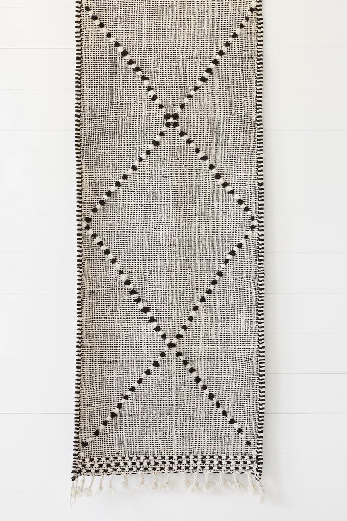Close up  view of No. 38 - Moroccan Flat Weave Kilim Rug against a white background. - Saffron and Poe