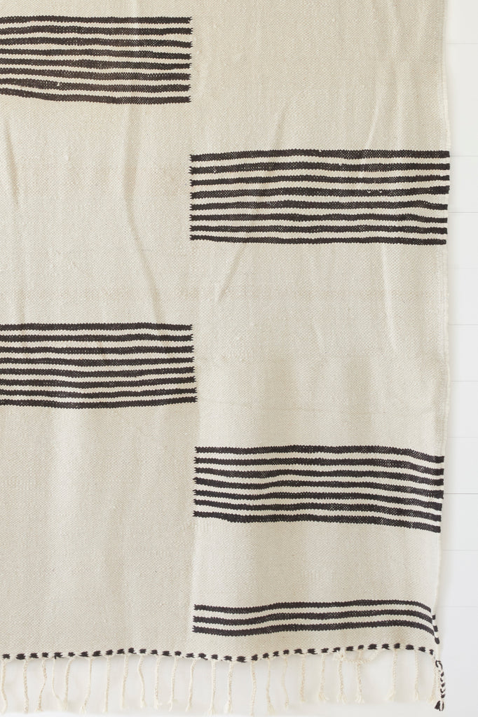 Close up view of No. 47 - Moroccan Flat Weave Kilim Rug against a white background. - Saffron and Poe