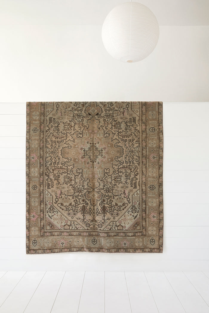 Front view of No. 55 - Vintage Turkish Oushak Rug against a white background. - Saffron and Poe