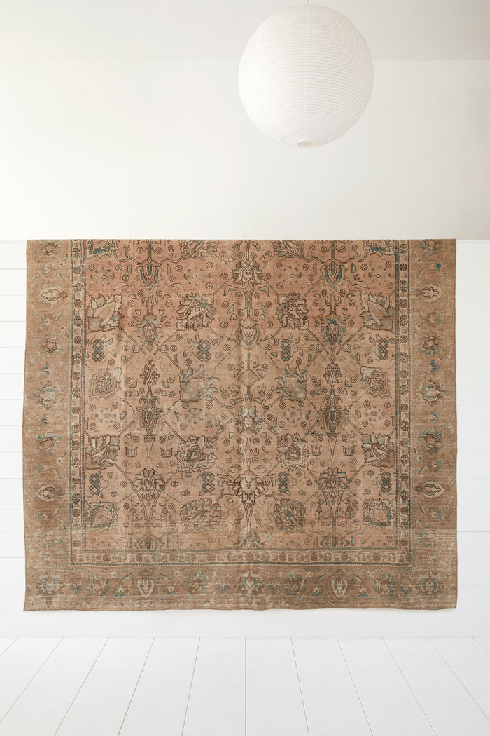 Front view of No. 08 - Vintage Turkish Oushak Rug against a white background. - Saffron and Poe