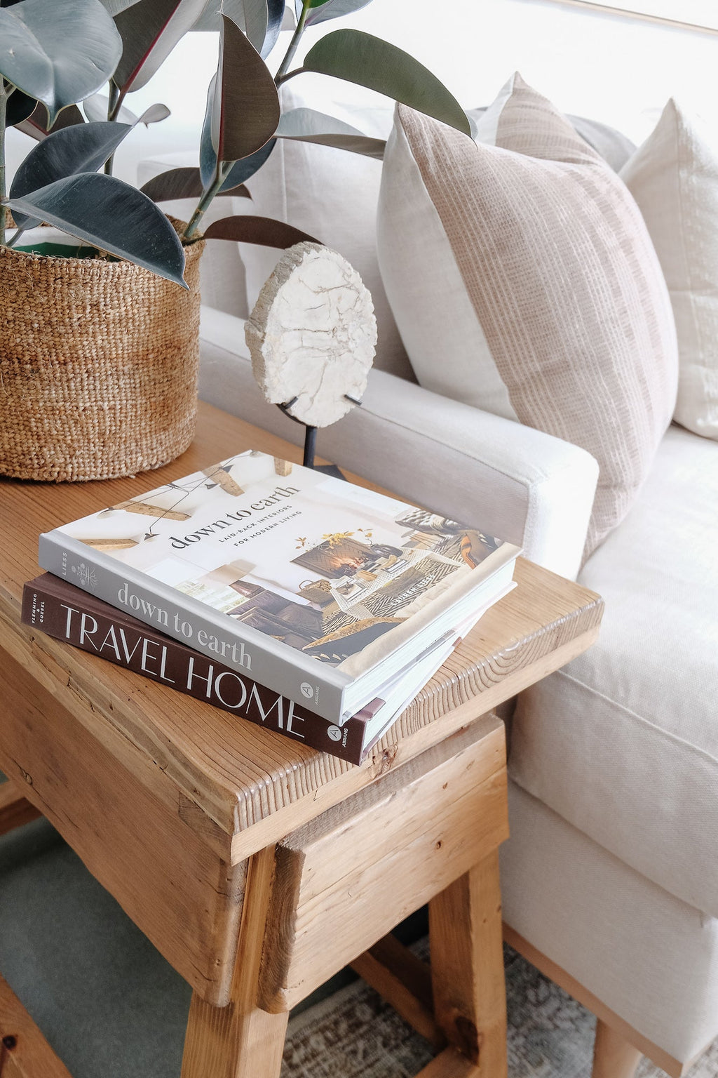 Cozy living room corner with wooden table, Down to Earth book, decorative plant, and beige pillows on white sofa