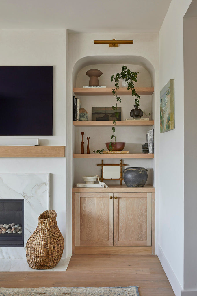 Styled view of Structural Nest Basket with styled shelf. - Saffron and Poe