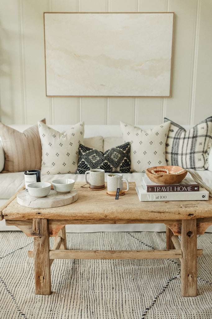 Styled view of Uzumati Ceramic Bodie Mug and Snow Creek Mug styled on a Vintage Chinese Coffee Table - Saffron and Poe