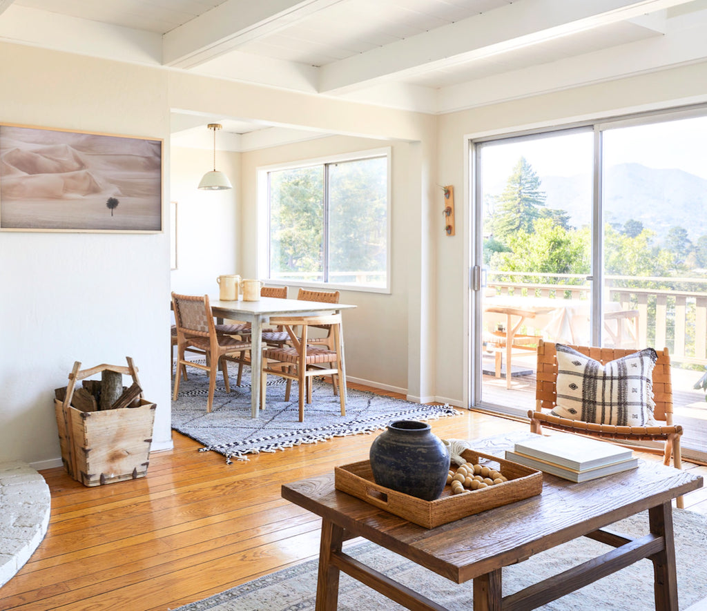 Alternative view of the Vintage Elmwood Coffee Table in a neutral living room setting. Crafted with reclaimed elmwood in a traditional antique Chinese style. - Saffron and Poe.