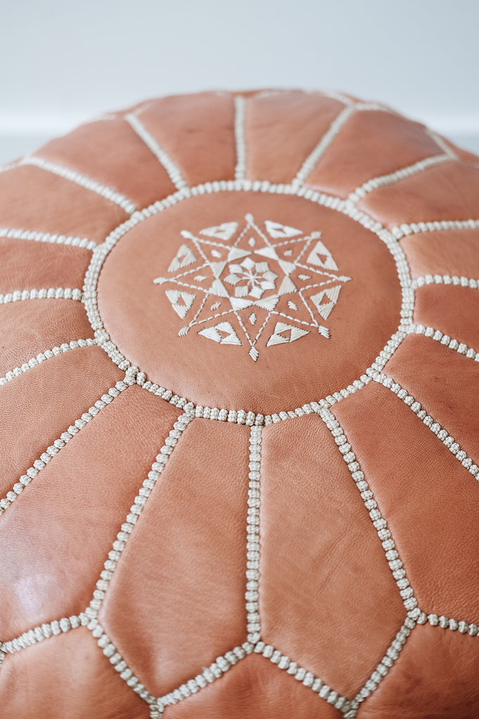 Close up of Embroidered Leather Moroccan Pouf