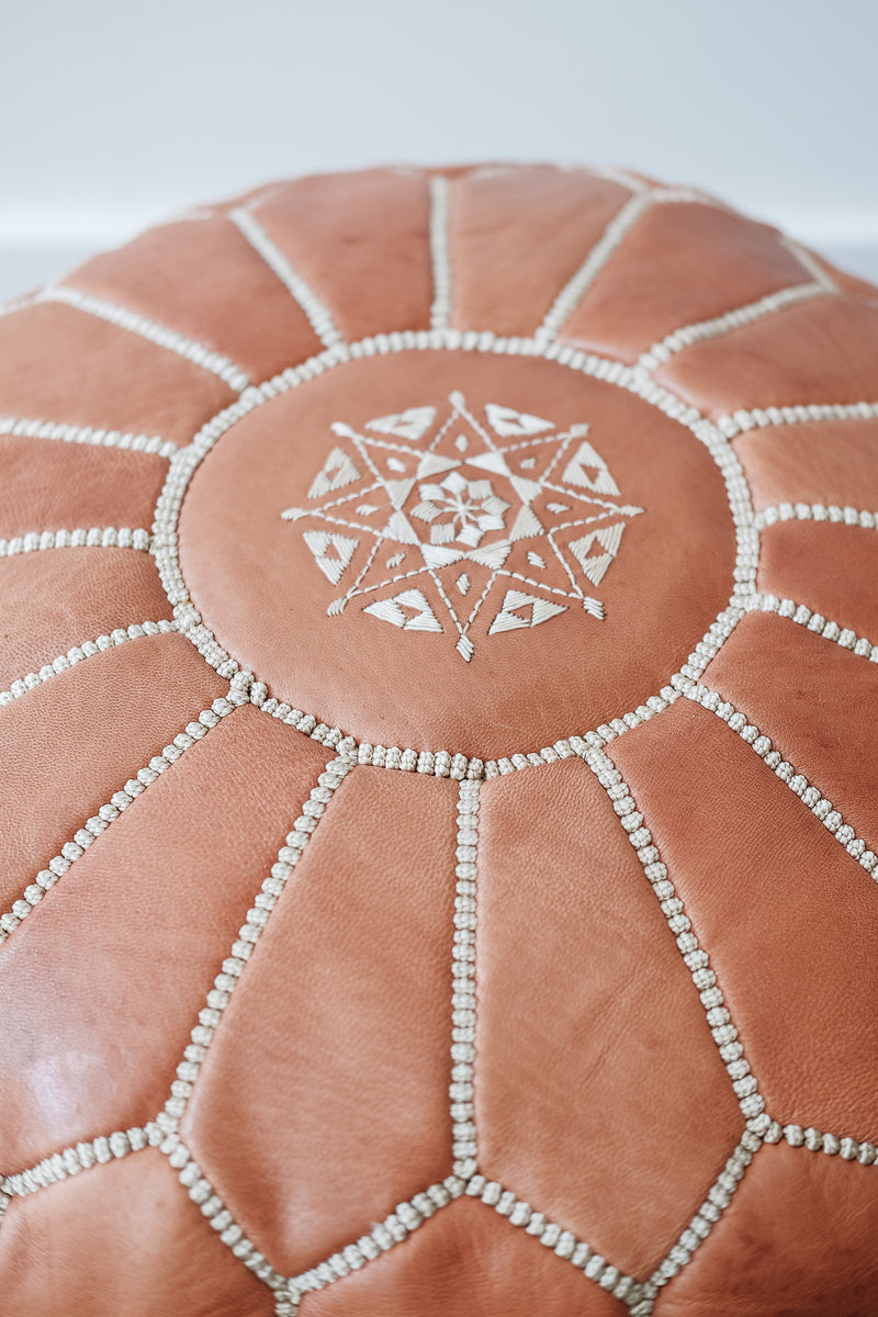Moroccan Leather Pouf Natural Tan Starbust Stitch – Berberb
